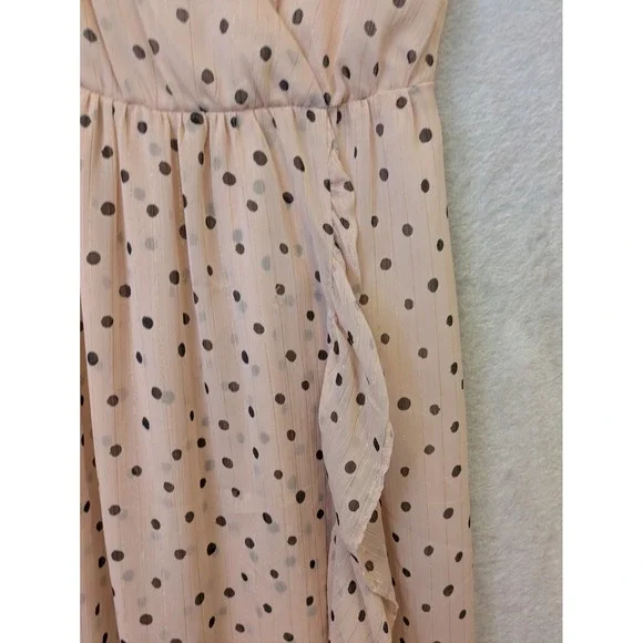 Madewell Maxi Dress Women's 6 Pink Polka Dot Ruffle Faux Wrap Lined V-Neck Zip - Picture 4 of 11
